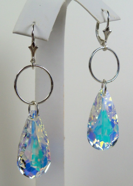 NEW! Swarovski Aurora Borealis Teardrop on Silver Hoop Earrings