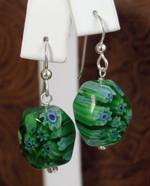 Green Millefiori Glass Earrings
