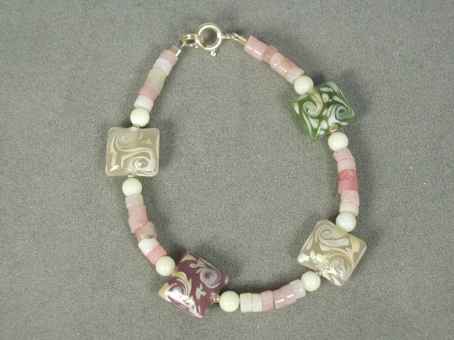 Lampwork Squares with Pink Opal and Coral Bracelet