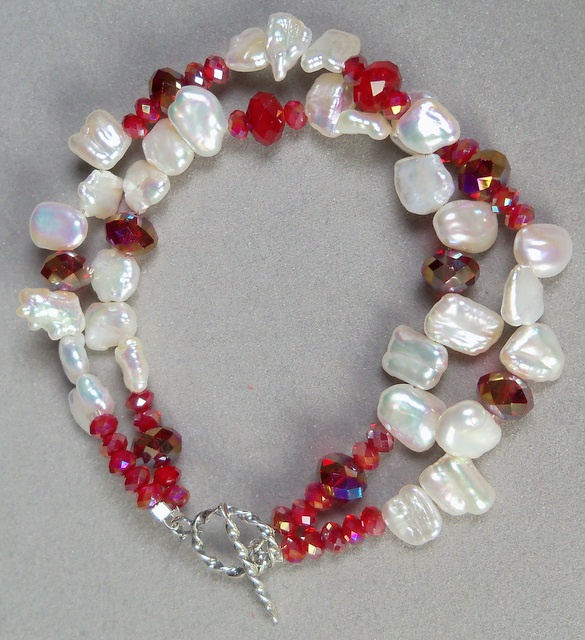 Pearl and Red Crystal Bracelet