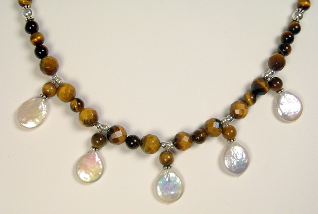 Tiger Eye with Coin Pearl Cascade Necklace