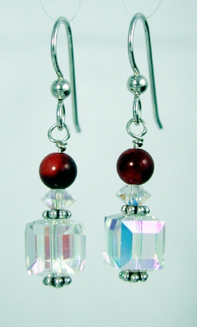 Red Coral and Swarovski Crystal Cube Earrings