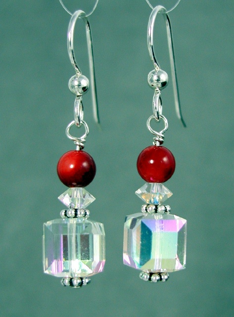 Red Coral and Swarovski Crystal Cube Earrings