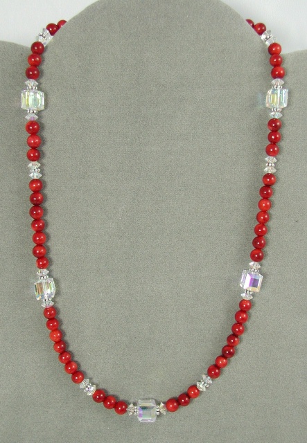 Red Coral and Swarovski Crystal Cube Necklace