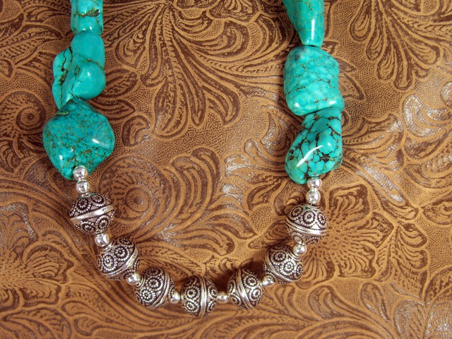 Chunky Turquoise and Ornate Bali Silver Necklace